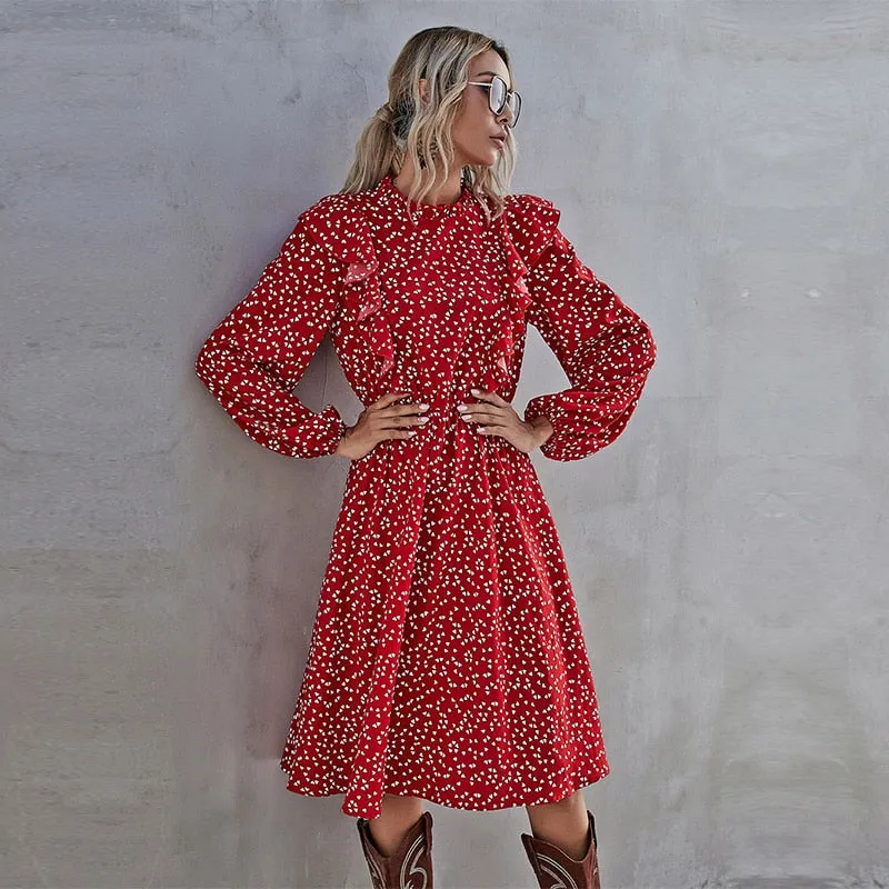 Robe Fleurie Col Montant Rouge