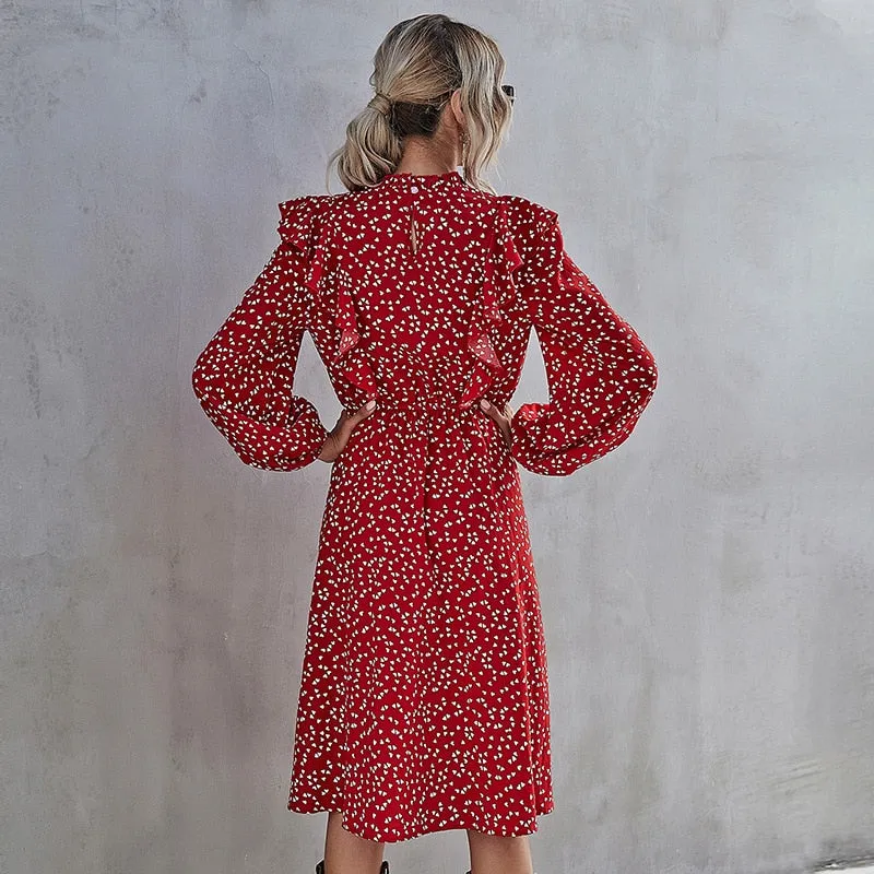 Robe Fleurie Col Montant Rouge