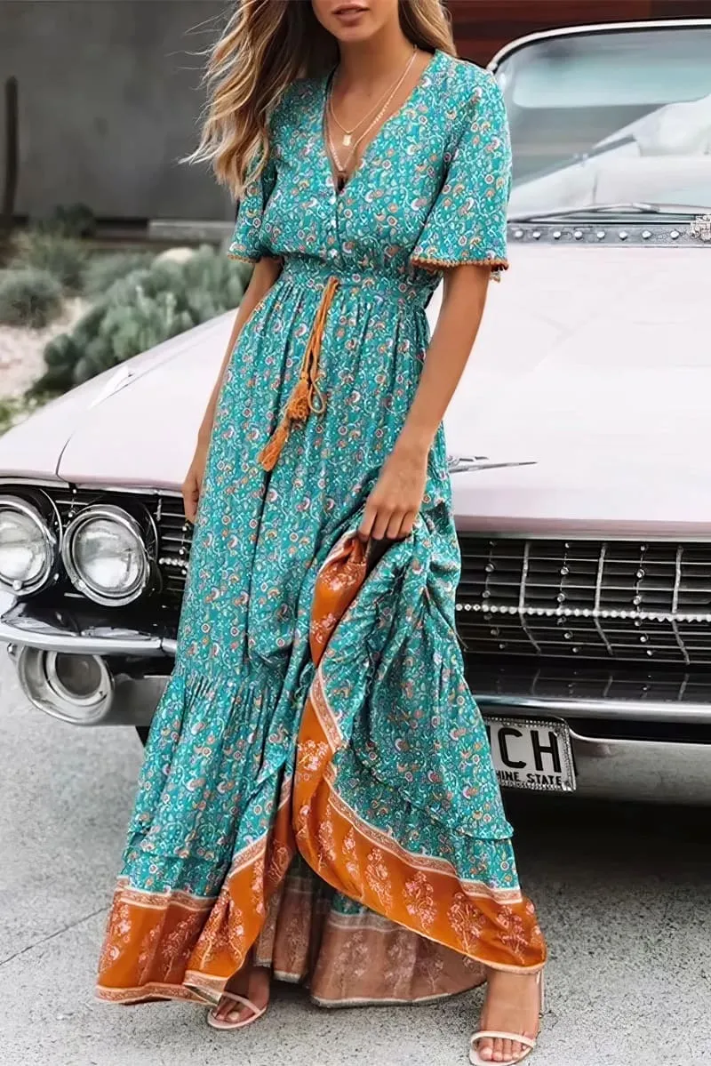 Robe Longue Bohème Turquoise Indienne - Hazel