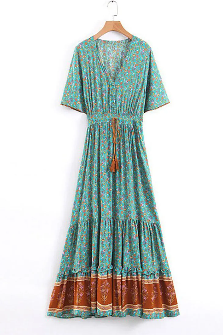 Robe Longue Bohème Turquoise Indienne - Hazel