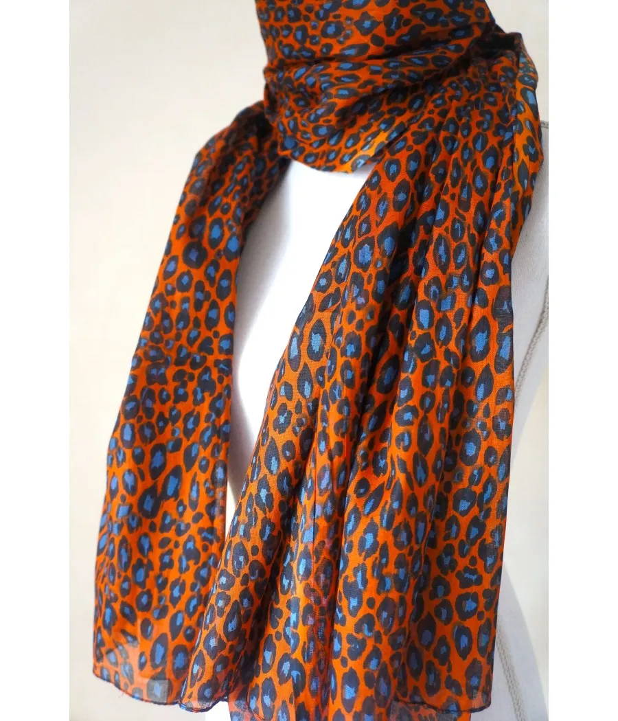 SANTAIA FOULARD COTON BRIQUE ROUILLE MOTIF LEOPARD BLEU NOIR