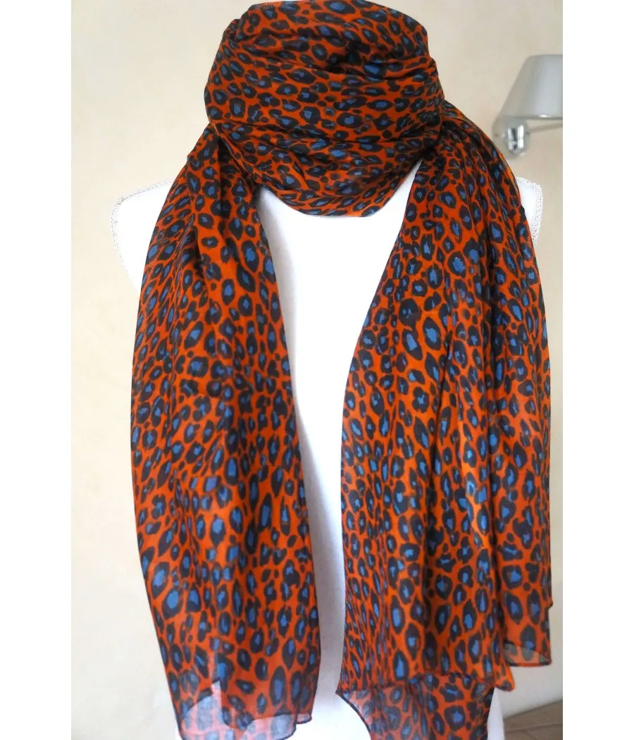 SANTAIA FOULARD COTON BRIQUE ROUILLE MOTIF LEOPARD BLEU NOIR