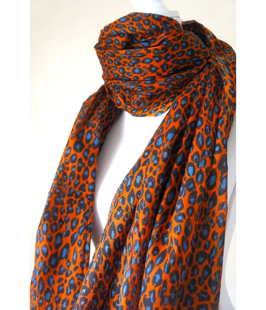 SANTAIA FOULARD COTON BRIQUE ROUILLE MOTIF LEOPARD BLEU NOIR