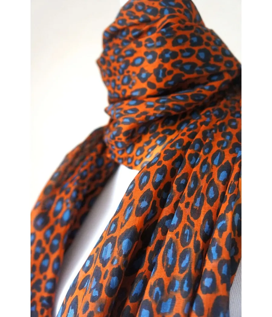 SANTAIA FOULARD COTON BRIQUE ROUILLE MOTIF LEOPARD BLEU NOIR