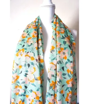 SANTAIA FOULARD COTON VERT FLEURS NATURE BOHEME ROSES ORANGES BLEUES