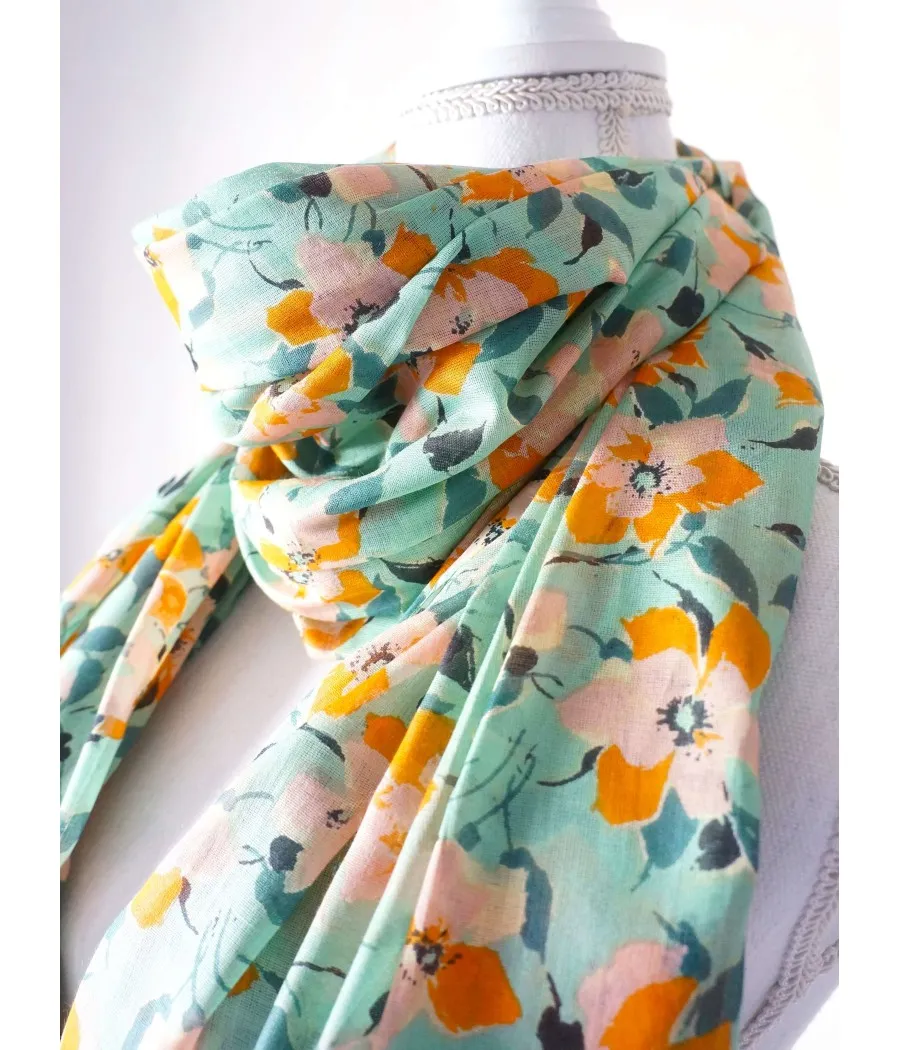 SANTAIA FOULARD COTON VERT FLEURS NATURE BOHEME ROSES ORANGES BLEUES