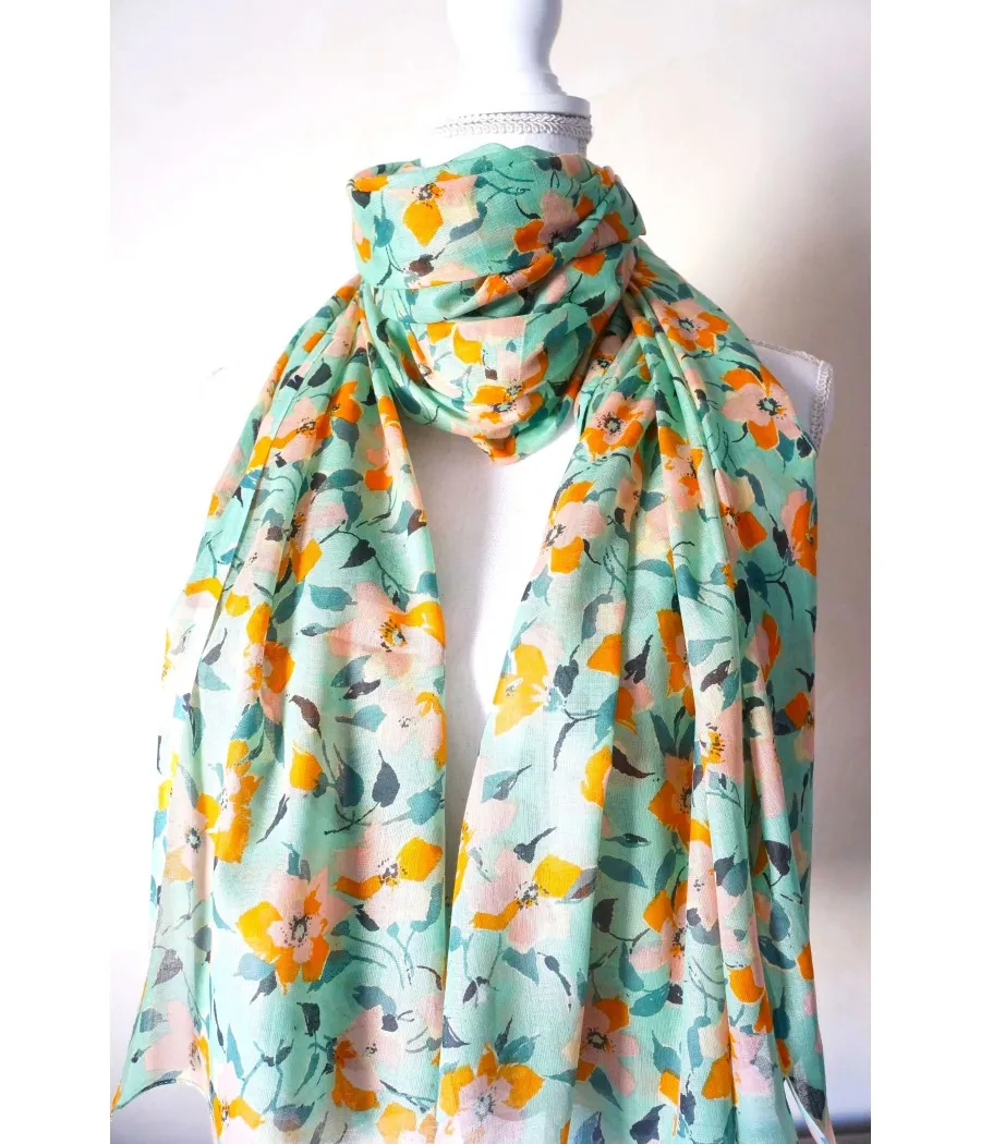 SANTAIA FOULARD COTON VERT FLEURS NATURE BOHEME ROSES ORANGES BLEUES