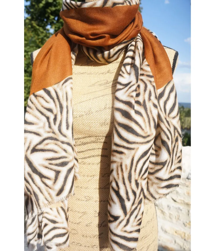 SANTAIA Foulard femme chaud imprimé animal zèbre et uni camel