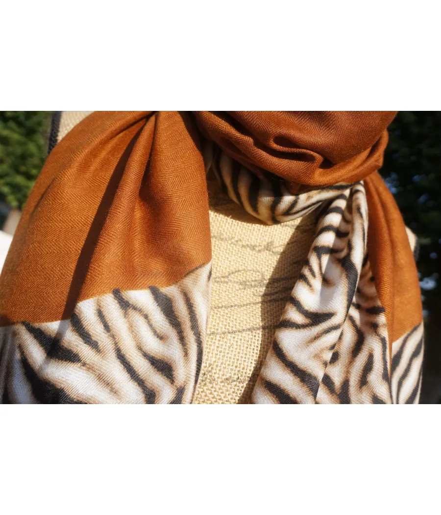 SANTAIA Foulard femme chaud imprimé animal zèbre et uni camel