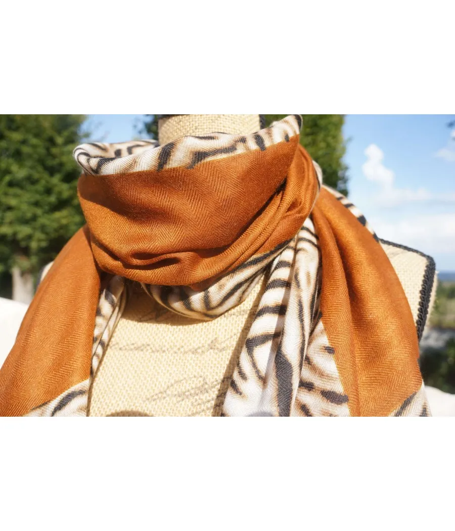 SANTAIA Foulard femme chaud imprimé animal zèbre et uni camel