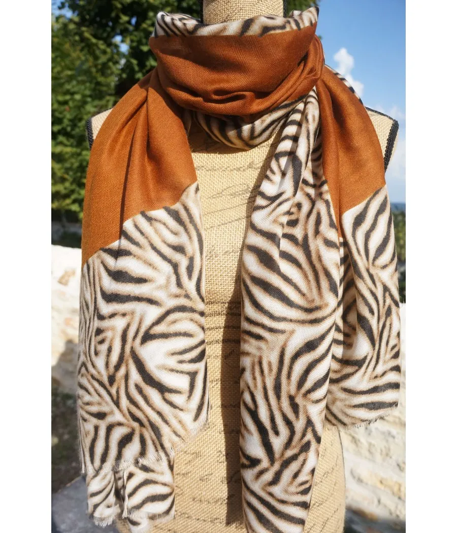 SANTAIA Foulard femme chaud imprimé animal zèbre et uni camel