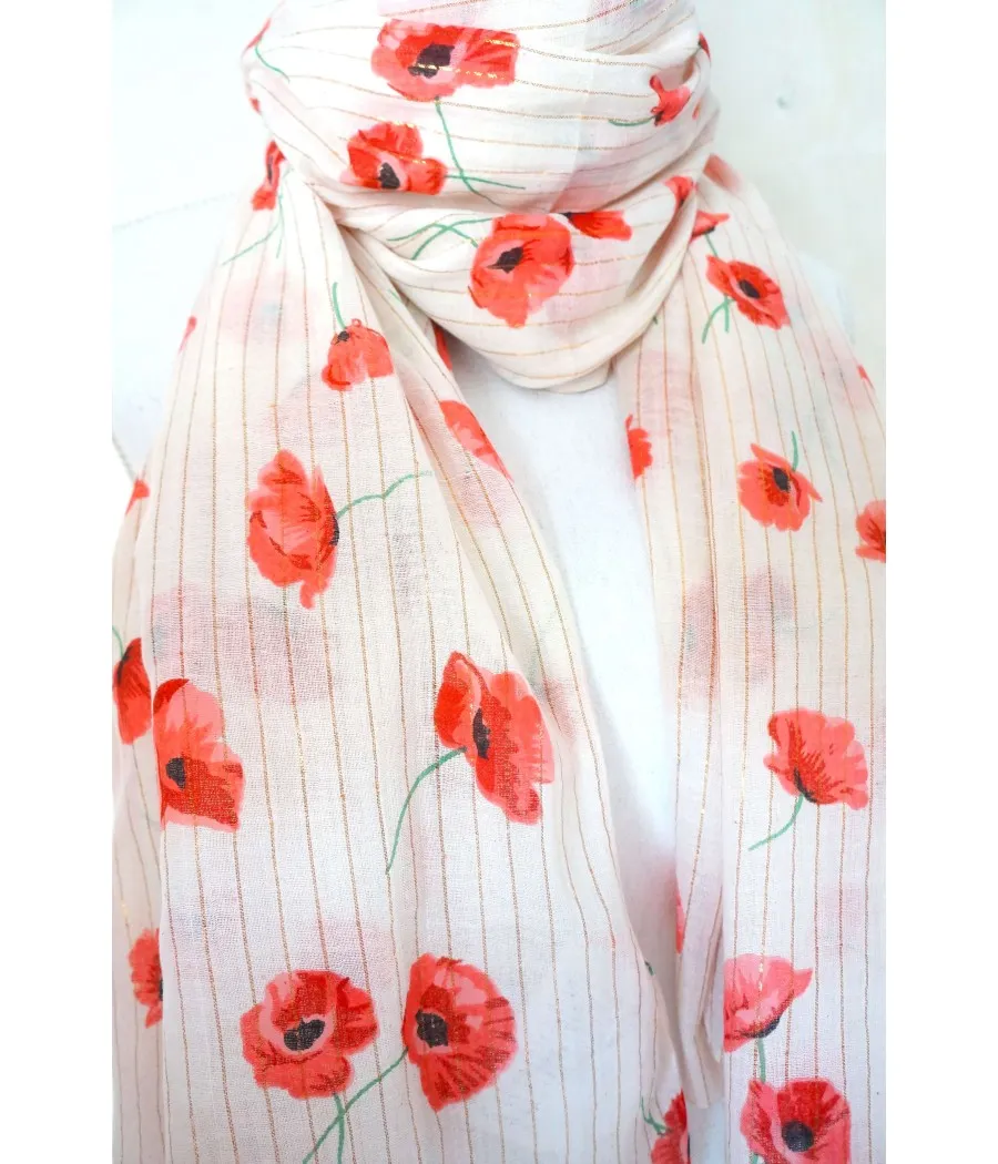 santaia foulard nature blanc fleurs coquelicots rouges et  fil lurex