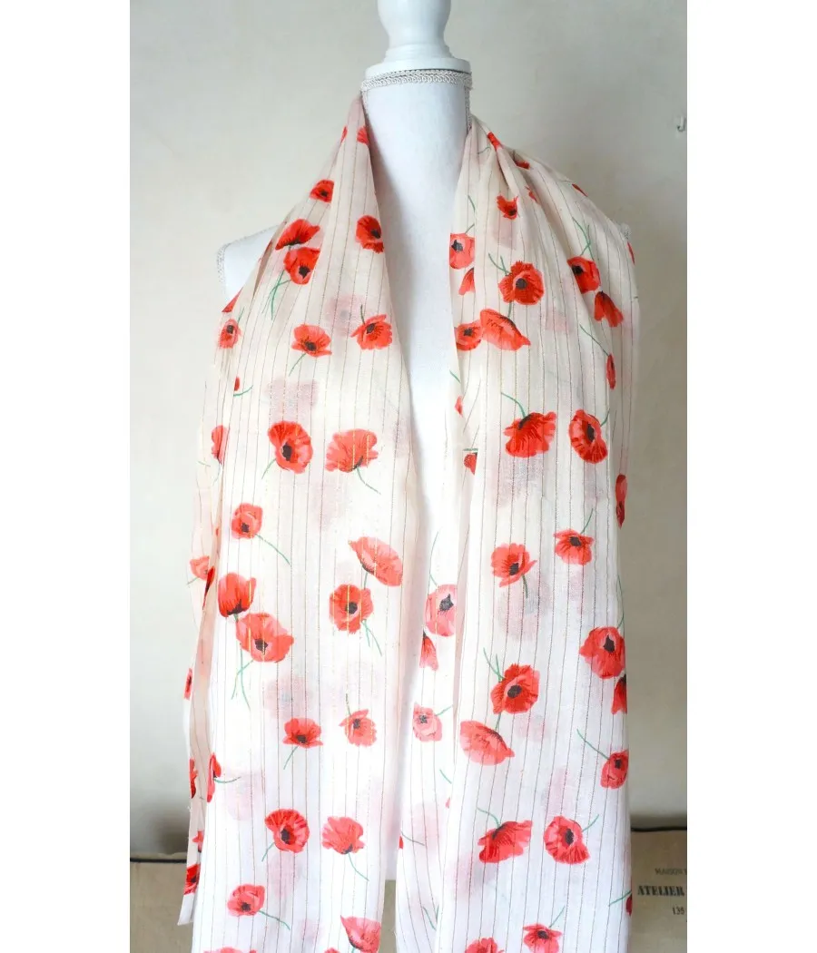 santaia foulard nature blanc fleurs coquelicots rouges et  fil lurex