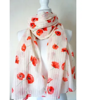 santaia foulard nature blanc fleurs coquelicots rouges et  fil lurex