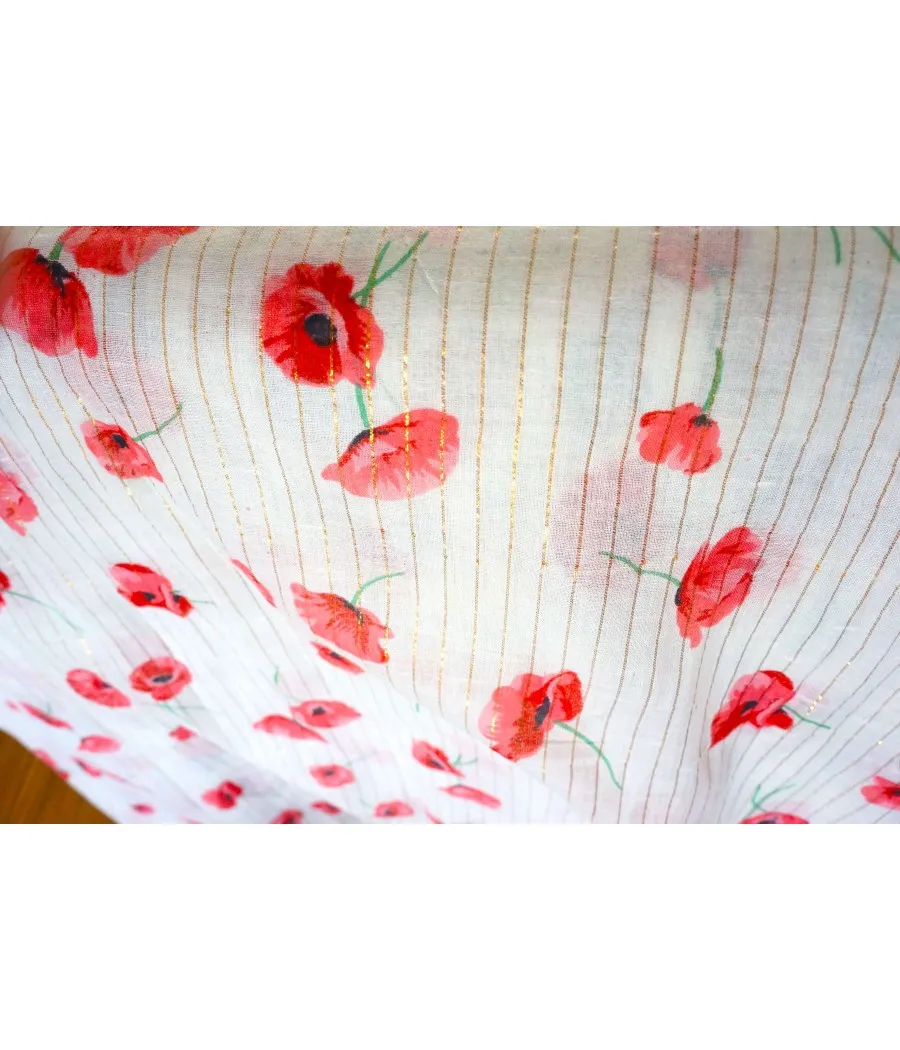 santaia foulard nature blanc fleurs coquelicots rouges et  fil lurex