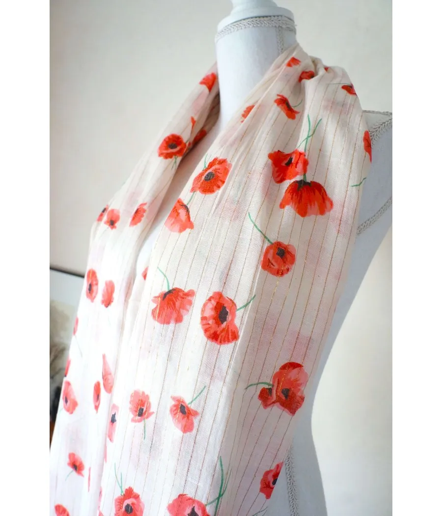 santaia foulard nature blanc fleurs coquelicots rouges et  fil lurex