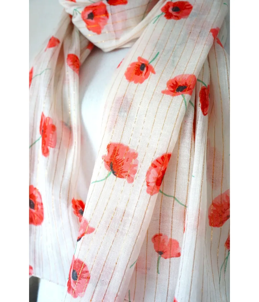 santaia foulard nature blanc fleurs coquelicots rouges et  fil lurex