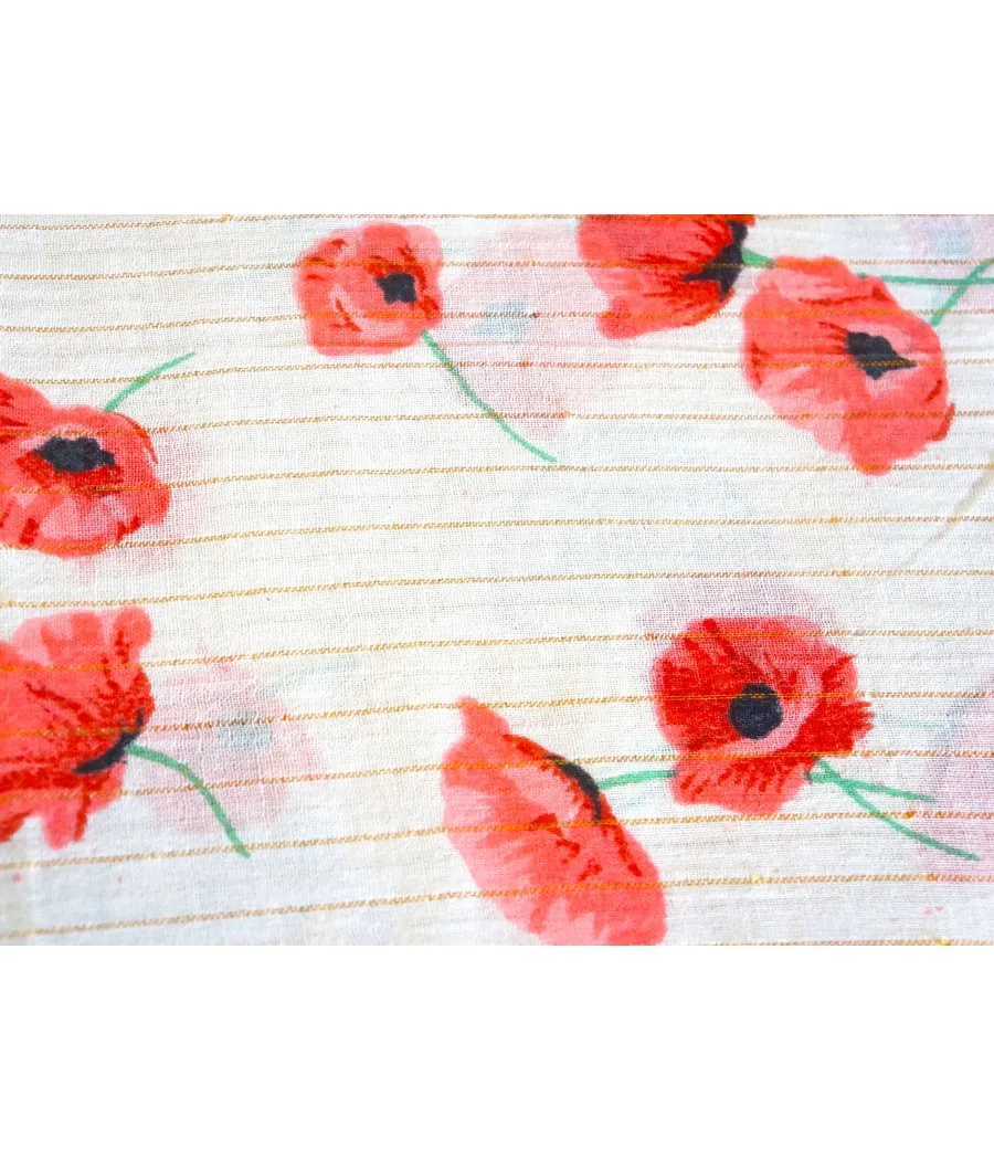 santaia foulard nature blanc fleurs coquelicots rouges et  fil lurex