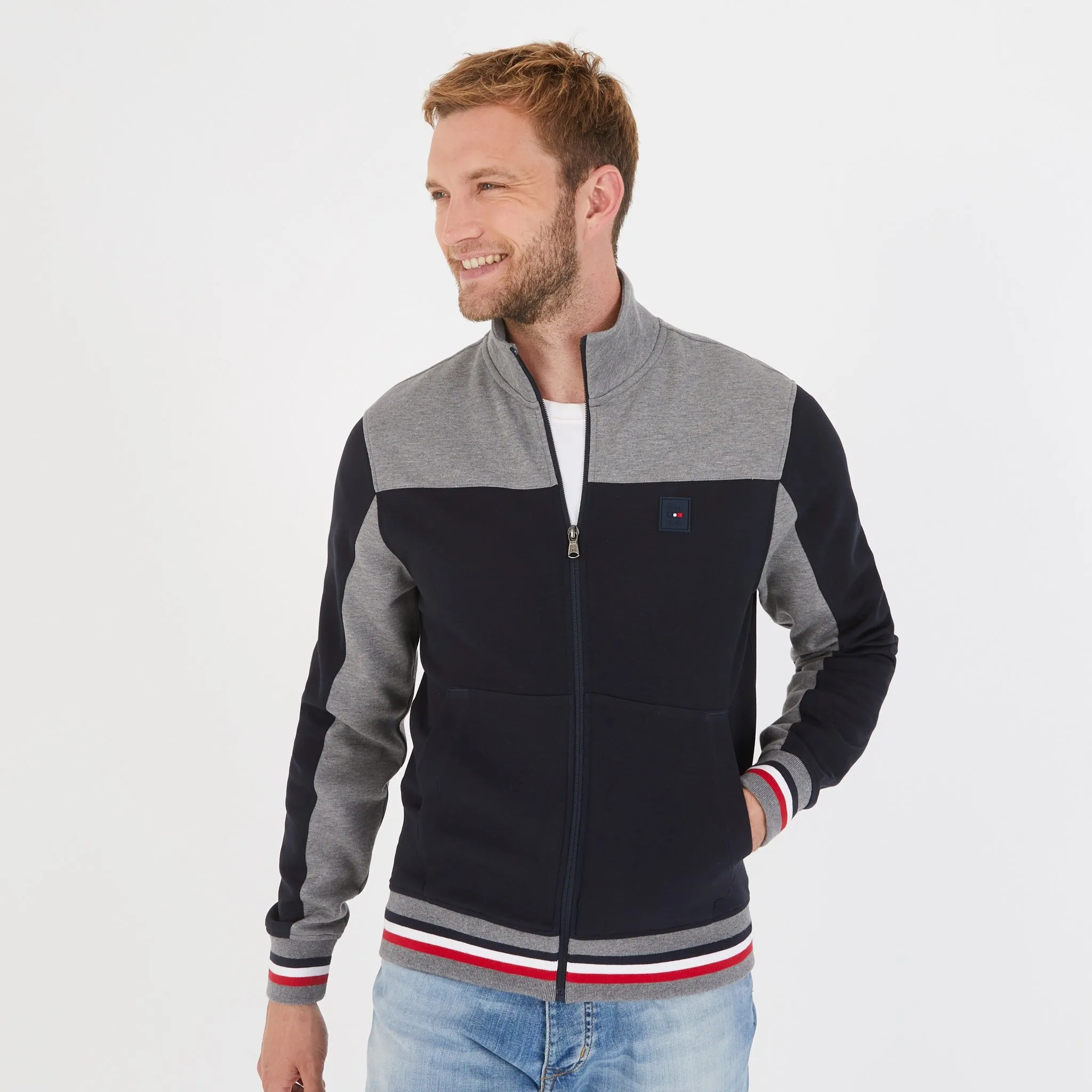 Sweat bleu zippé en molleton color-block