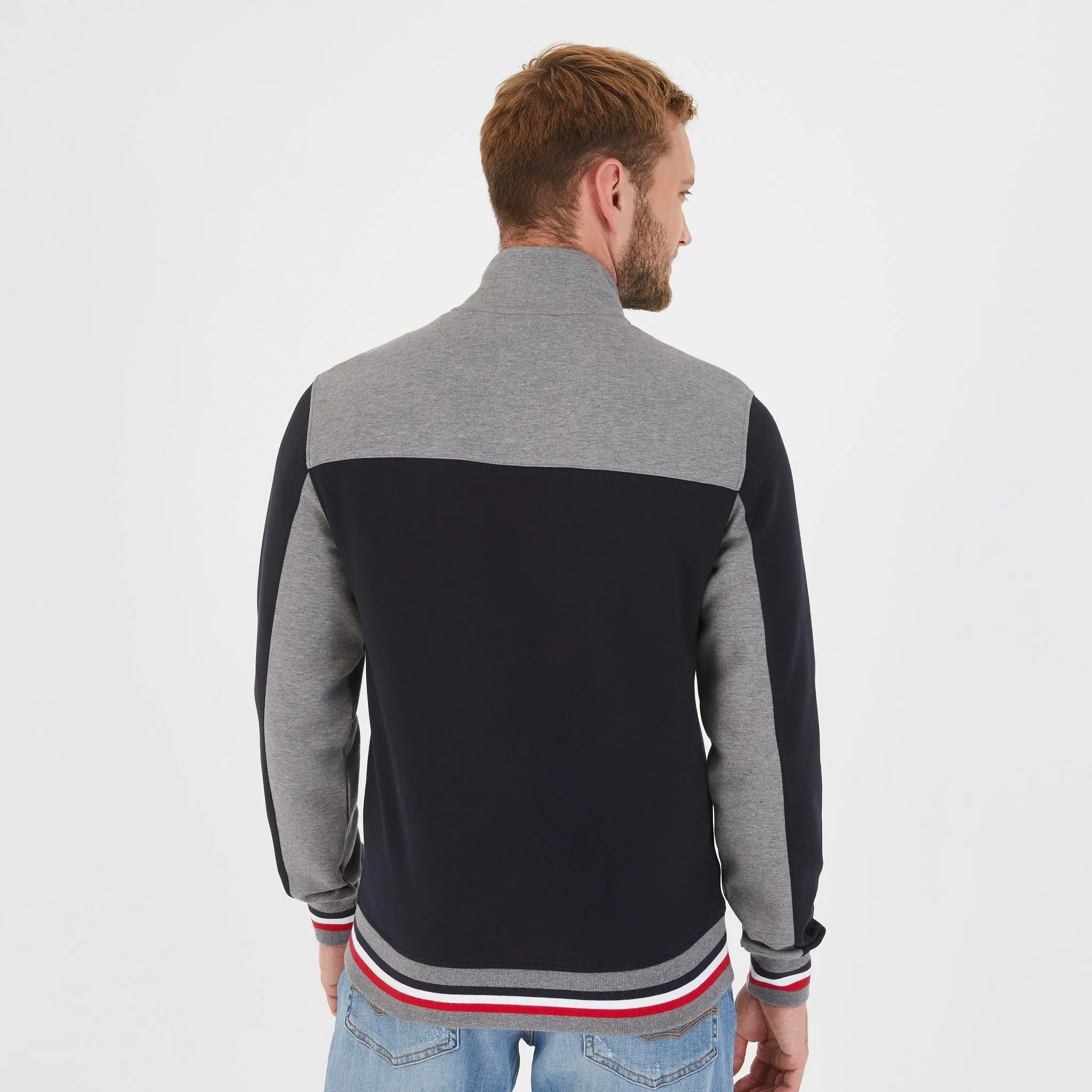 Sweat bleu zippé en molleton color-block