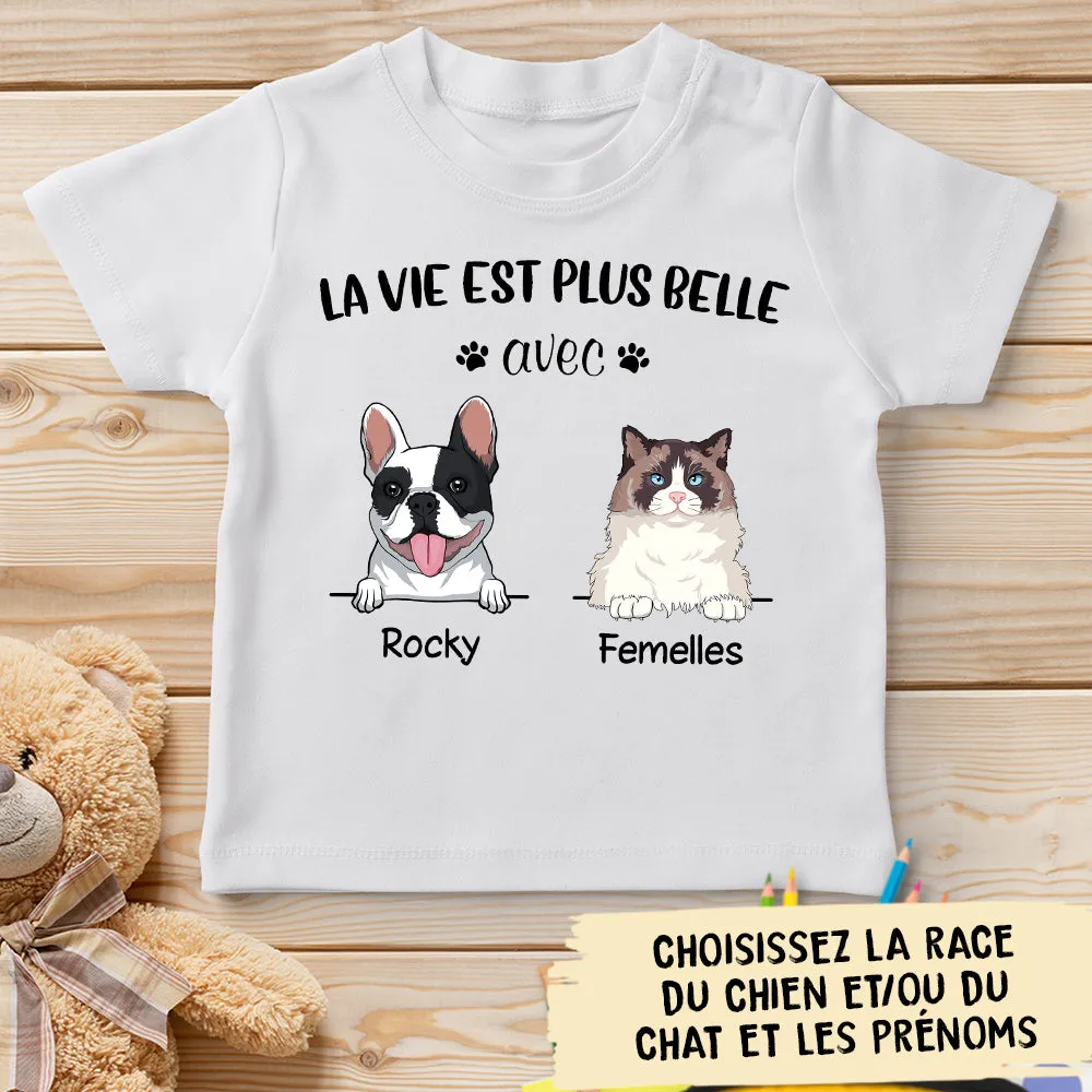 T-shirt Enfant Personnalisé - La Vie Est Plus Belle - Chien Et Chat