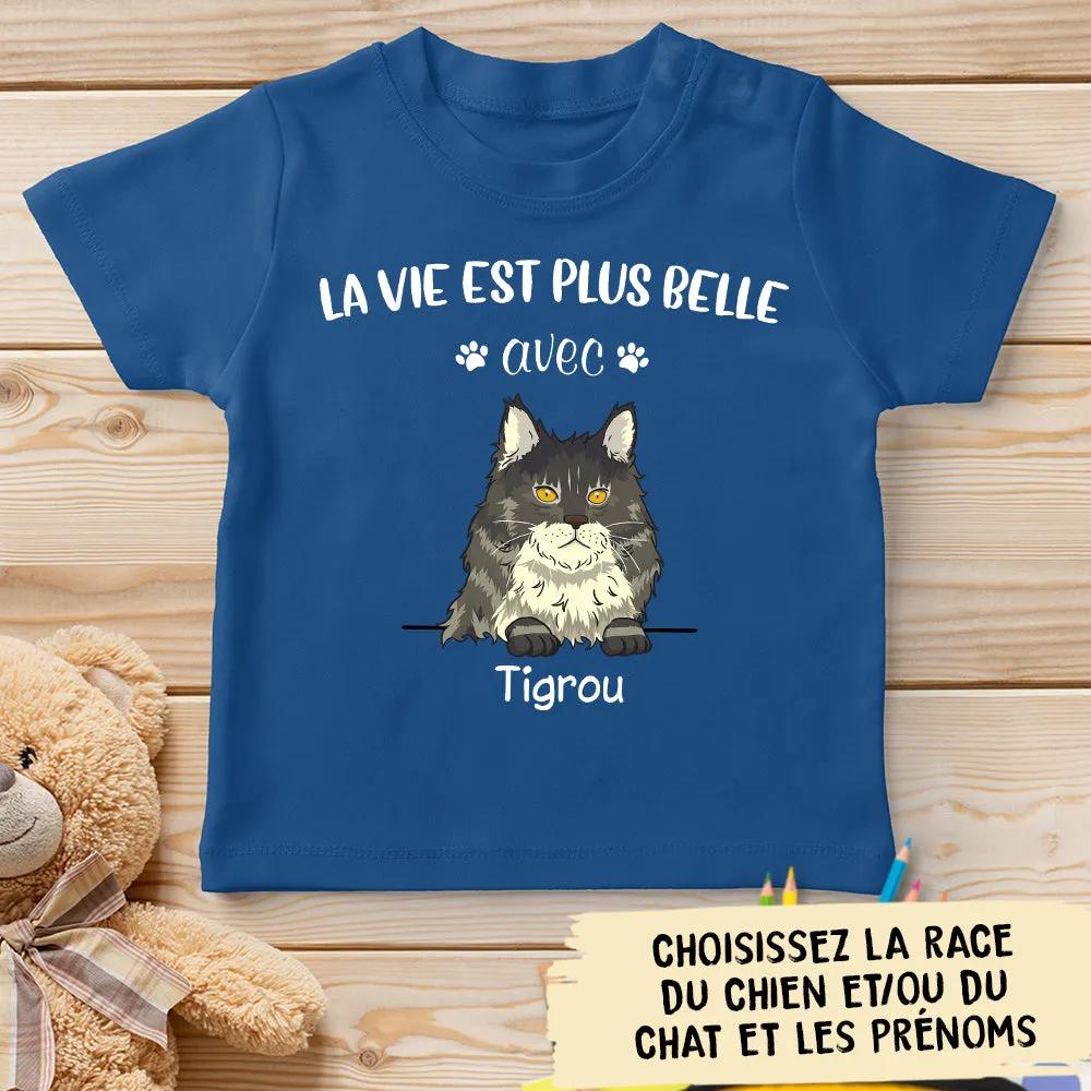 T-shirt Enfant Personnalisé - La Vie Est Plus Belle - Chien Et Chat