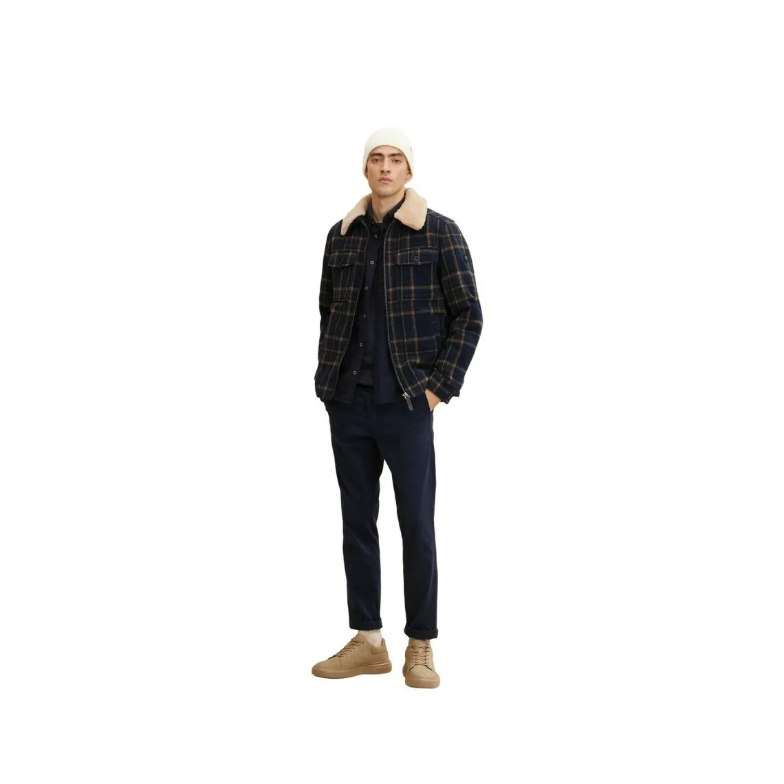 Veste à carreaux col sherpa bleu Tom Tailor - Manteau / Blouson Homme sur MenCorner