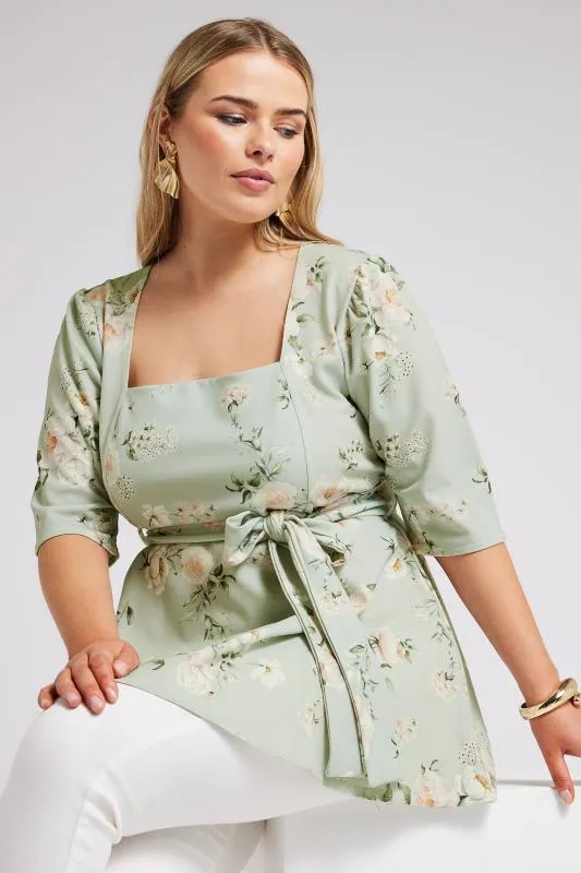 YOURS LONDON - Top Vert Sauge Floral avec Ceinture