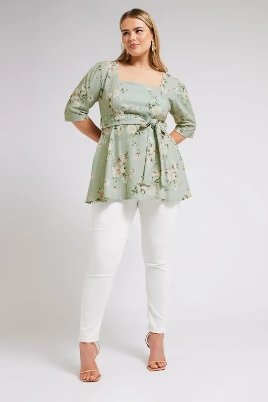 YOURS LONDON - Top Vert Sauge Floral avec Ceinture