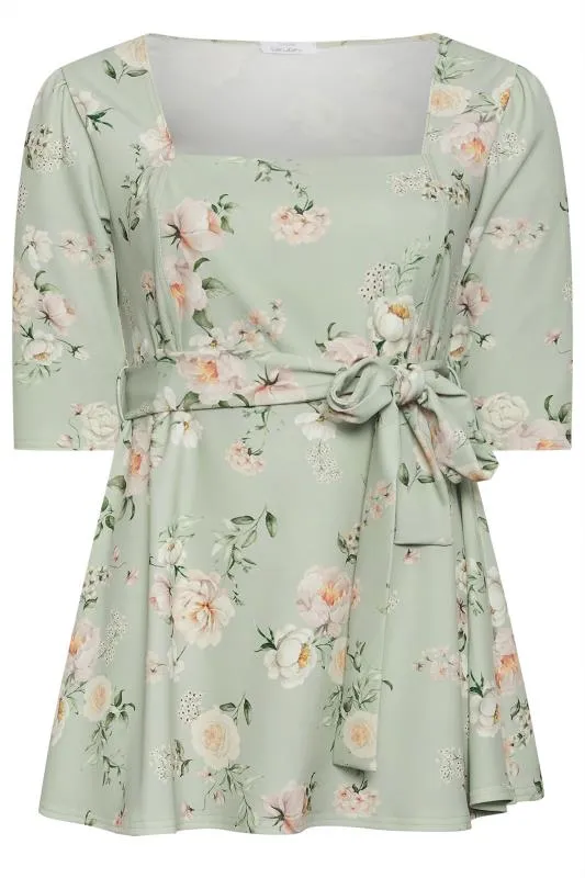 YOURS LONDON - Top Vert Sauge Floral avec Ceinture